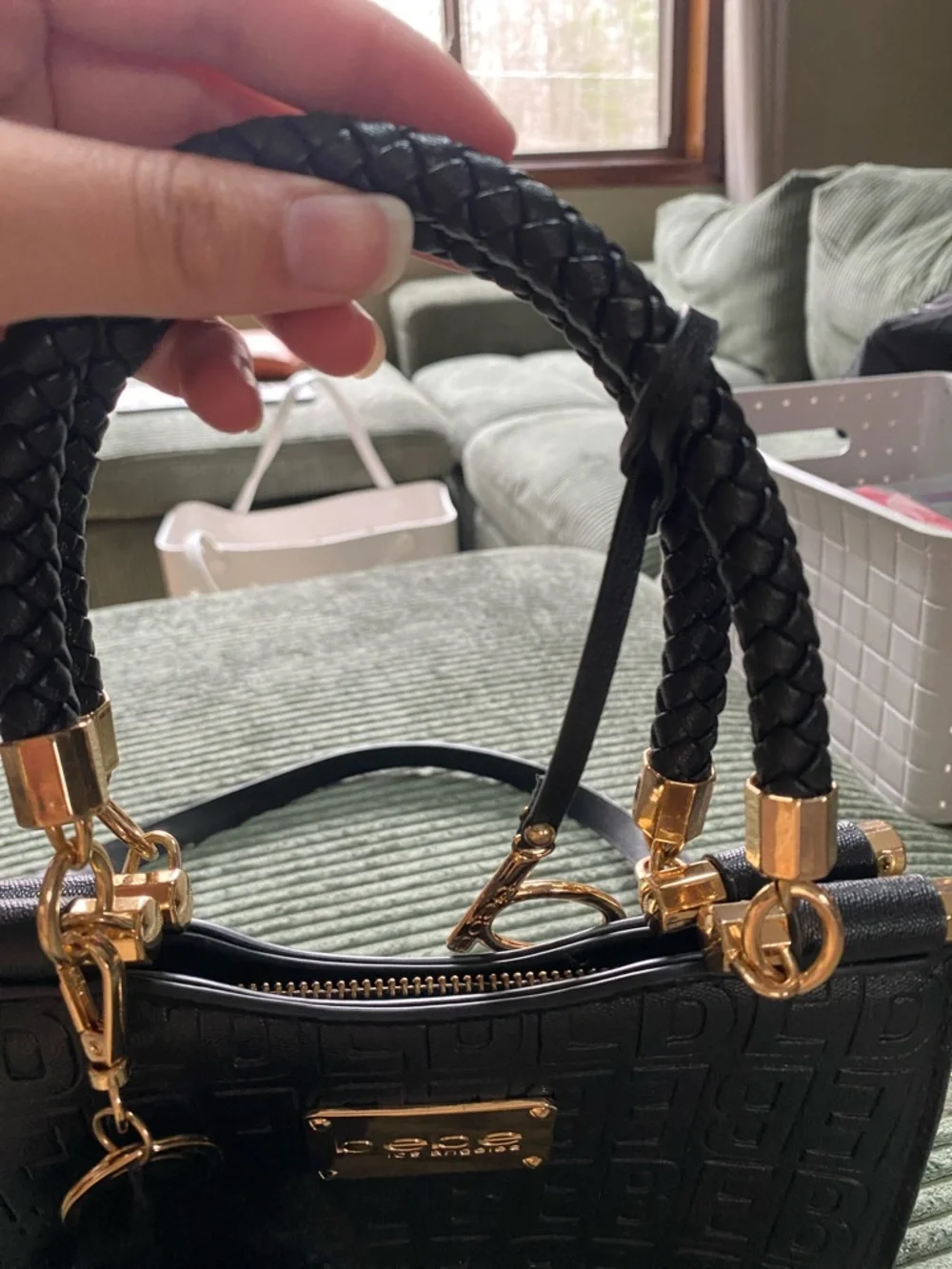 bebe Black Embossed Logo Satchel with Pom Charm